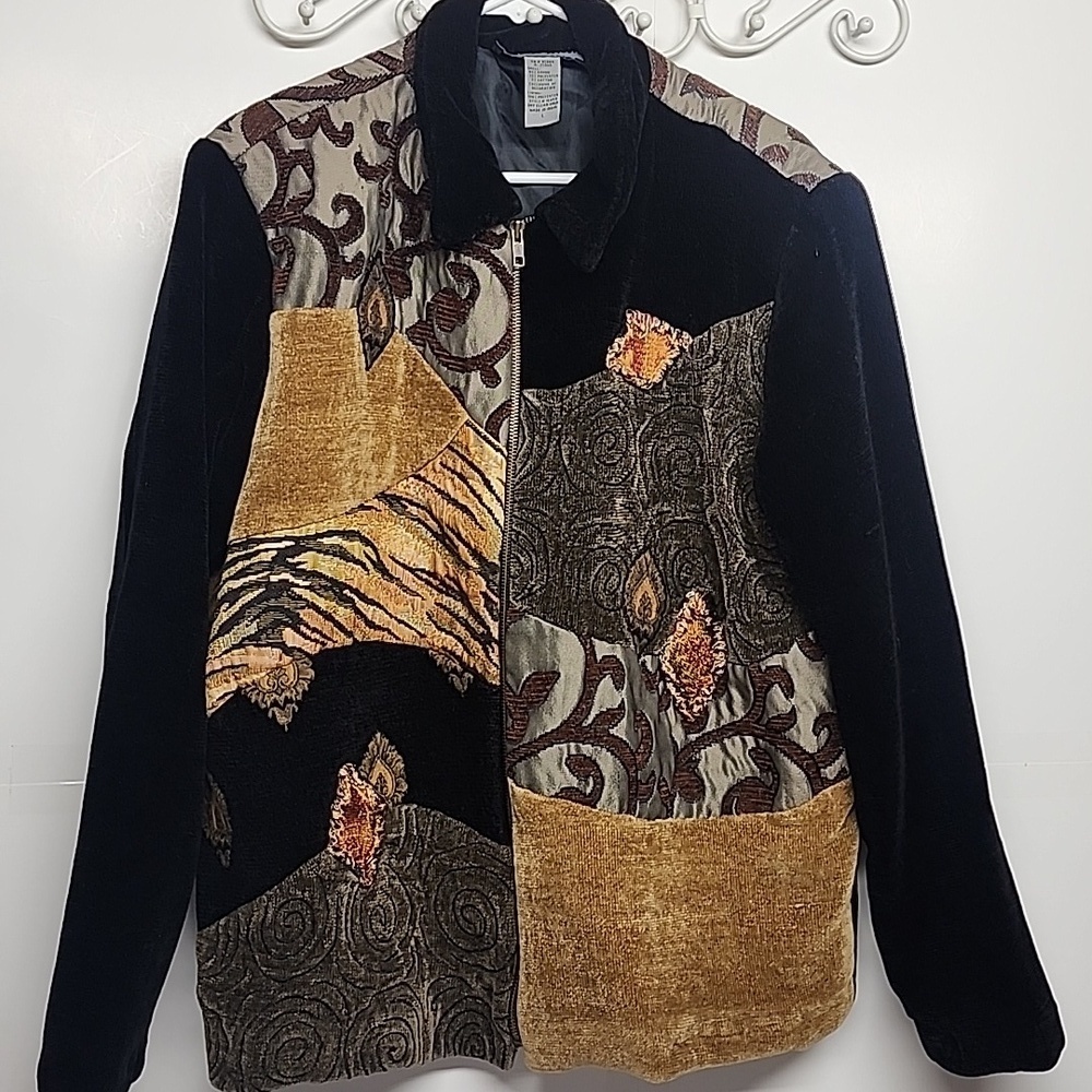 Indigo Moon rare vintage patchwork velvet feel jacket shoulder pads. Sz L Boho - Picture 1 of 8